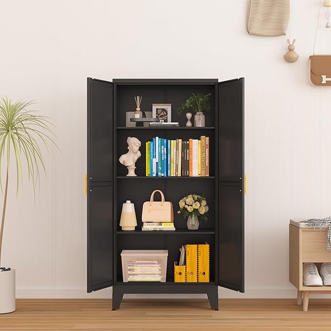Metal Storage Cabinet With 2 Doors and 3 Adjustable Shelves, Black Kitchen Pantry for Food, Utility Cabinet for Laundry Room, Cupboard-Ruum Studio Home