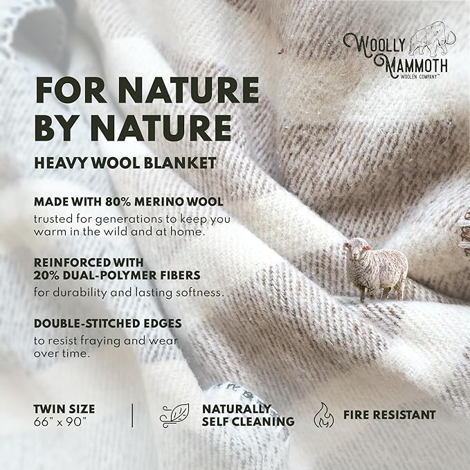 Woolly Mammoth Woolen Company Merino Wool Camping Blanket - 66 x 90 in Navy & Cream Stripe Twin Farmhouse Style - Heavy Insulating Outdoor Throw & Wool Blanket for Home & Travel-Ruum Studio Home