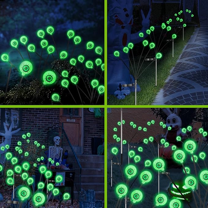 VOTTGO Halloween Solar Lights Outdoor, 2 Pack 12LED Scary Solar Eyeball Pathway Lights, 2 Modes Waterproof Swaying Firefly Light for Garden Yard Pathway Halloween Decorations, Green-Ruum Studio Home