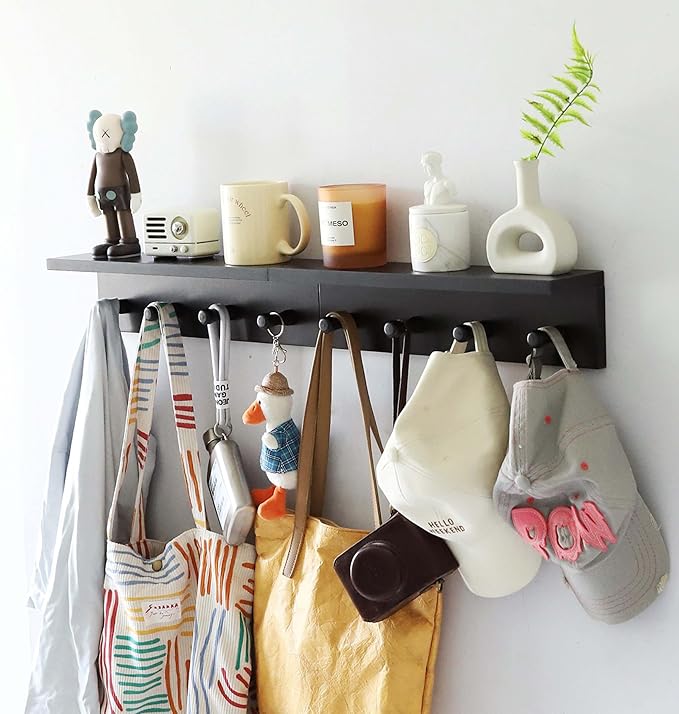 Entrance Coat Rack ，Coat Hooks, Wall-Mounted Wooden Hook Rack, Wall-Mounted Shelves are Very Suitable (Black Finish-2)-Ruum Studio Home