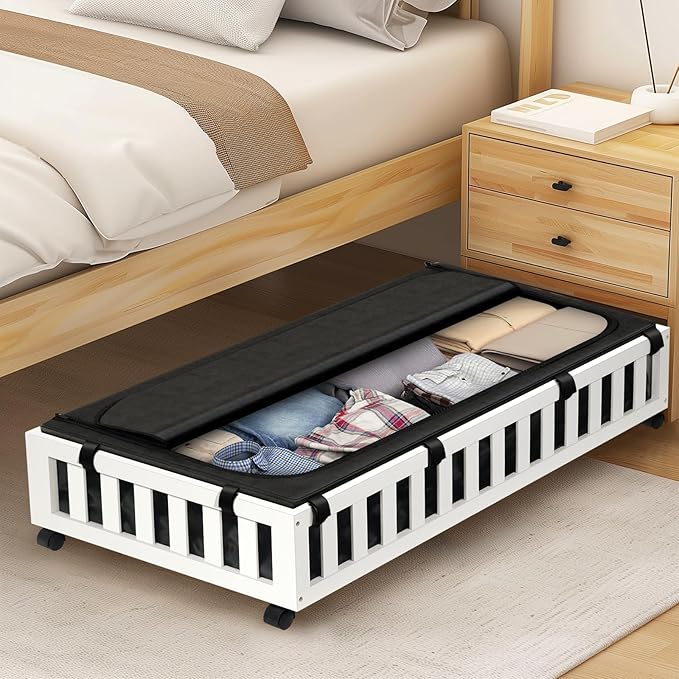 2 Pack Bamboo Under Bed Storage with Wheels, 39”x20”x7.8” Lager Under Bed Storage Containers (White)-Ruum Studio Home