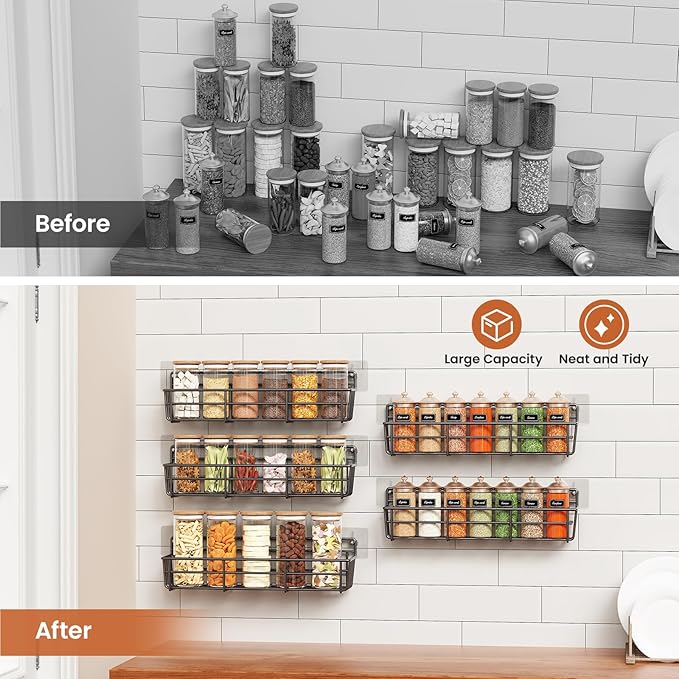 5 Pack Spice Rack Seasoning Organizer Wall Mount, Screw or Adhesive Hanging Shelf Basket Spice Organizer Shelf for Kitchen, Black-Ruum Studio Home
