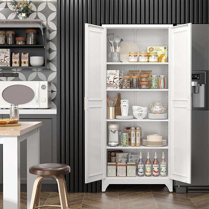 Kitchen Pantry Cabinet,75”White Metal Storage Cabinets with Doors and 4 Adjustable Shelves,Kitchen Cabinet with 2 Gold Handles,Tall Cabinet for Livingroom,Pantry, Bathroom-Ruum Studio Home