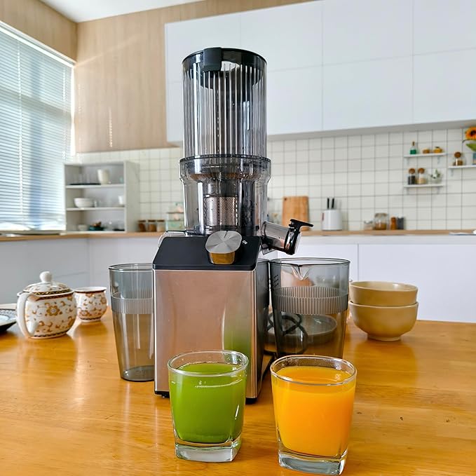Cold Press Juicer, Juicer Machines with 4.35'' Wide Feed Chute, Stainless Steel Masticating Juicers Easy to Clean, Ergonomic Operational Panel Design, High Juice Yield, Gray Knob-Ruum Studio Home