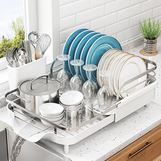 Dish Drying Rack, Expandable Dish Rack for Kitchen Counter, Stainless Steel Dish Drainer with Drainboard Set and Utensil Holder (White)-Ruum Studio Home