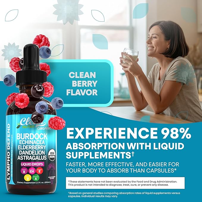 Organic Lymphatic Drainage Supplement | Lymphatic Support Drops | Burdock Root Echinacea Elderberry Dandelion Astragalus Milk Thistle Sea Moss Red Clover Cleanse Marigold Drop by Clean Nutra-Ruum Studio Home