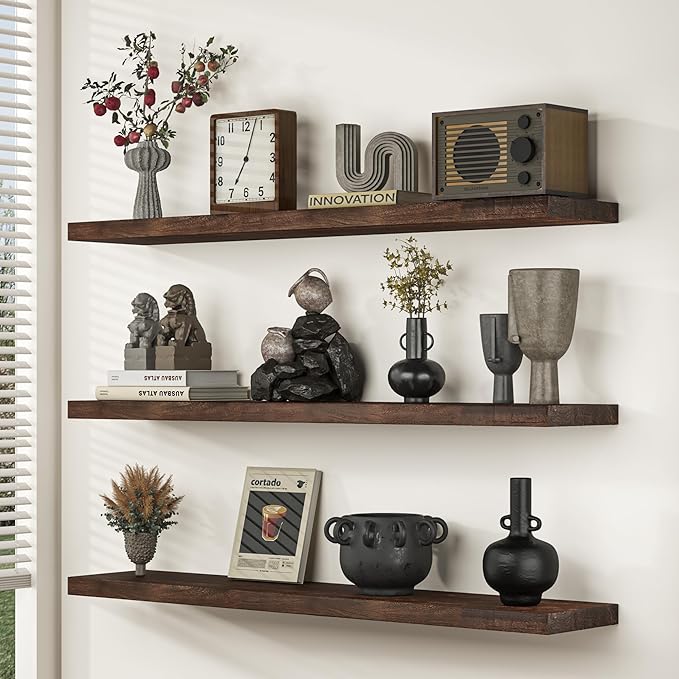 Fun Memories Floating Shelves for Wall, 36"x9.3" Rustic Solid Elm Wood Shelves, Heavy-Duty Wall Mounted Shelves with Invisible Brackets, Set of 2 for Living Room, Bedroom, Kitchen, Walnut Finish-Ruum Studio Home
