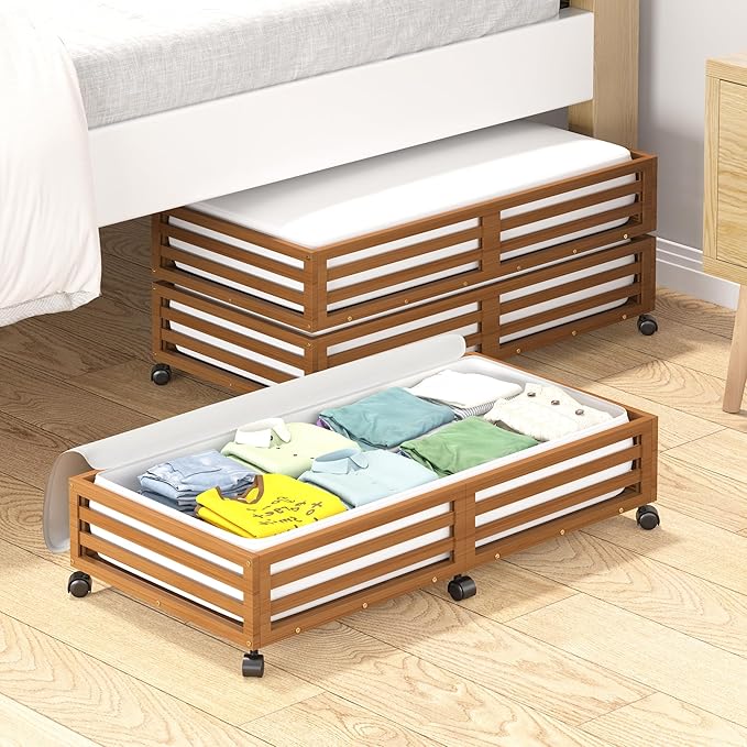 Bamboo Under Bed Storage Containers- Underbed Organizer with Wheels with Large Dust Bag,Sturdy Wood Rolling Under the Bed Shoe Storage Organizer Drawer 2 Packs (Walnut, Long)-Ruum Studio Home