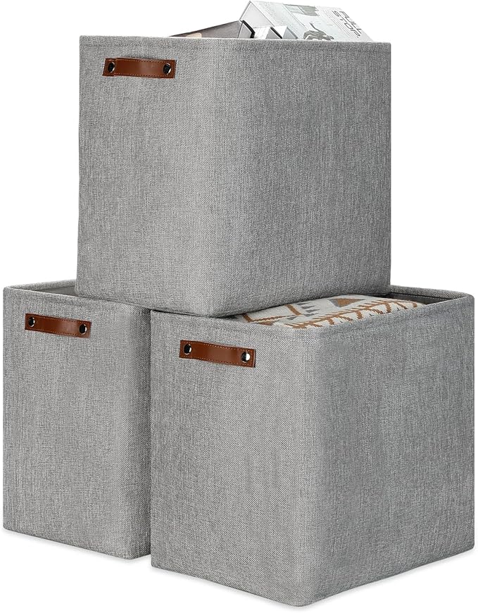 DULLEMELO Large Storage Baskets for Blankets Living Room 51L Canvas Storage Baskets for Organizing 3 Pack Collapsible Baskets Bins for Organizing Home Office with Handles (Grey)-Ruum Studio Home