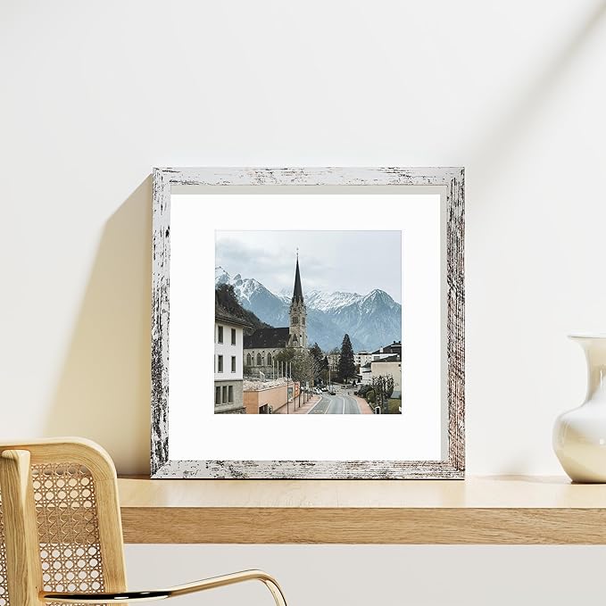 Vittanly 12x12 Picture Frames Set of 9, Shatter Resistant Plexiglass, Display 8x8 Pictures with Mat or 12x12 without Mat, Photo Frames for Wall Mount, Engineered Wood, Distressed White-Ruum Studio Home
