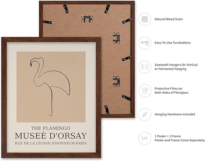 Poster Master Vintage Poster - Retro Minimalist Print - Gift for Artist, Housewarming - Flamingo, Line Drawing, Sketch, Abstract - Wall Decor for Living Room, Bedroom, 16x20 Brown Framed-Ruum Studio Home
