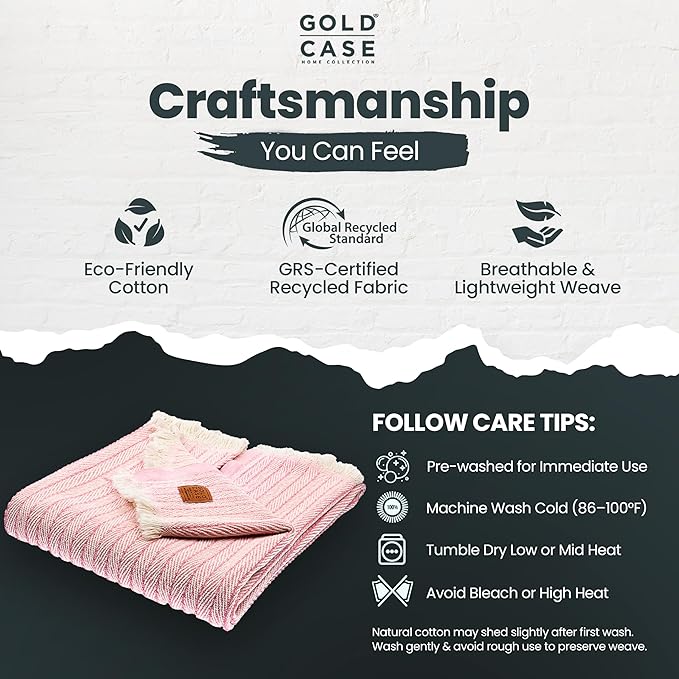 Gold Case Throw Blanket for Couch – 100% Recycled Turkish Cotton Blankets & Throws – Elegant Decorative Throw Blankets for Living Room Sofa – Woven Throws for Couch – Vintage Pink – 60x80-Ruum Studio Home