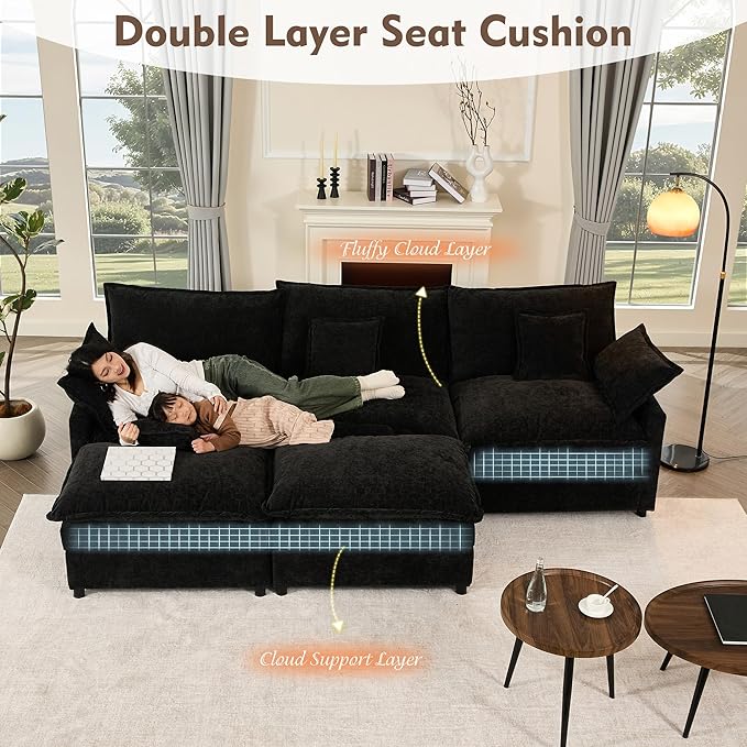 108" U Shaped Couch, Modular Sectional Sofa, 3-Seater Comfy Cloud Couch with Movable Ottoman, Deep Seat Couches for Living Room, Chenille, Black-Ruum Studio Home