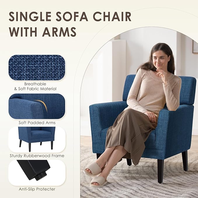 COLAMY Accent Chair Set of 2 for Living Room, Modern Upholstered Fabric Accent Armchair with Back, Soft Single Sofa Chair with Arms for Bedroom/Office/Reception Room, Blue-Ruum Studio Home