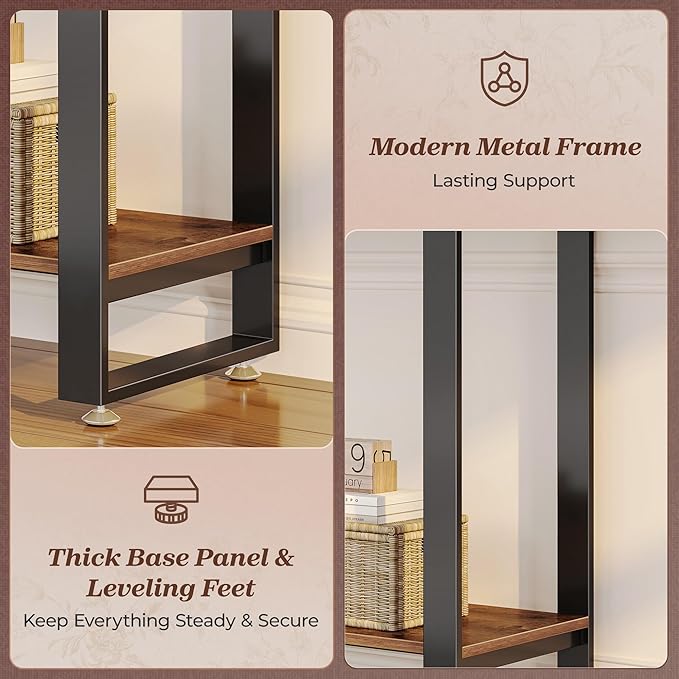 Huuger 47.2 Inch Entryway Table, 2-Tier Industrial Console Sofa Table, Accent Table with Storage, for Entry, Hallway, Entrance, Foyer, T-Shaped Metal Frame, Rustic Brown-Ruum Studio Home