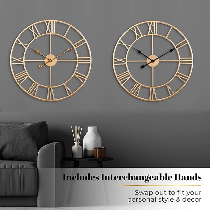 CLXEAST Champagne Gold Metal Wall Clock, Large Roman Numeral 24 Inch Wall Clocks for Living Room Decor,House Warming Gifts New Home-Ruum Studio Home