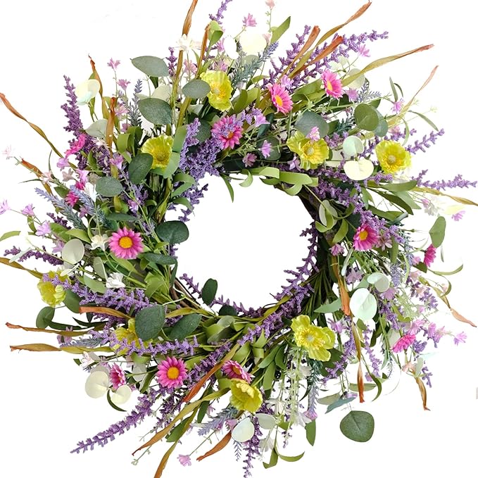 Idyllic 20 Inch Spring Summer Wild Flower Artificial Daisy Front Door Wreath, Everyday Greenery Eucalyptus Leaves for Indoor and Outdoor Use, Rustic Farmhouse Style Home Wreath Decor-Ruum Studio Home