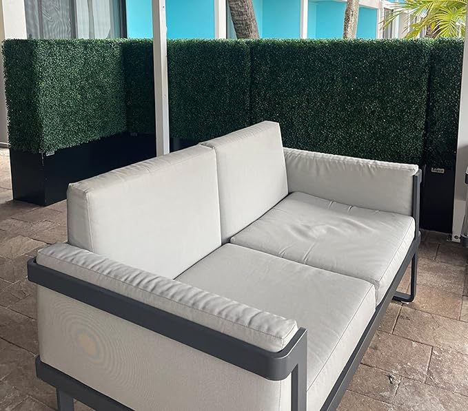 Artificial Boxwood Hedge Divider Wall with Black 201 Stainless Steel Planter Box (60" L X 48" H X 14" D)-Ruum Studio Home