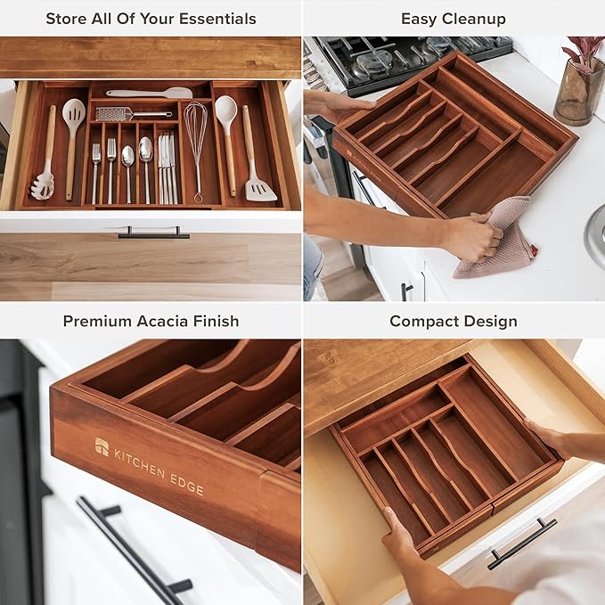 Premium Silverware, Flatware and Utensil Organizer for Kitchen Drawers, Food-Safe Contract Grade, Expandable from 16 to 28 In, Natural Acacia-Ruum Studio Home