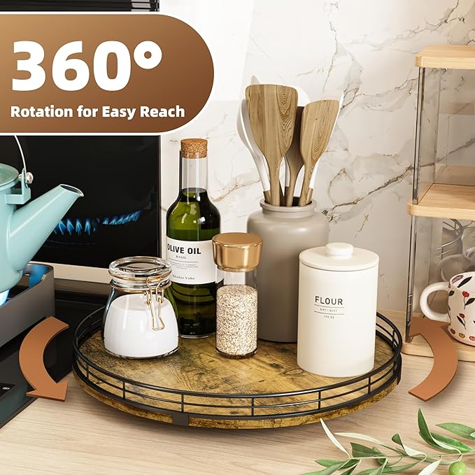Lazy Susan Turntable Organizer for Table Top, 13’’ Round Wooden Lazy Susan for Cabinet Kitchen Countertop Pantry Dining Coffee Table for Condiments Spices, Rustic Bathroom Vanity Tray for Soap Candle-Ruum Studio Home
