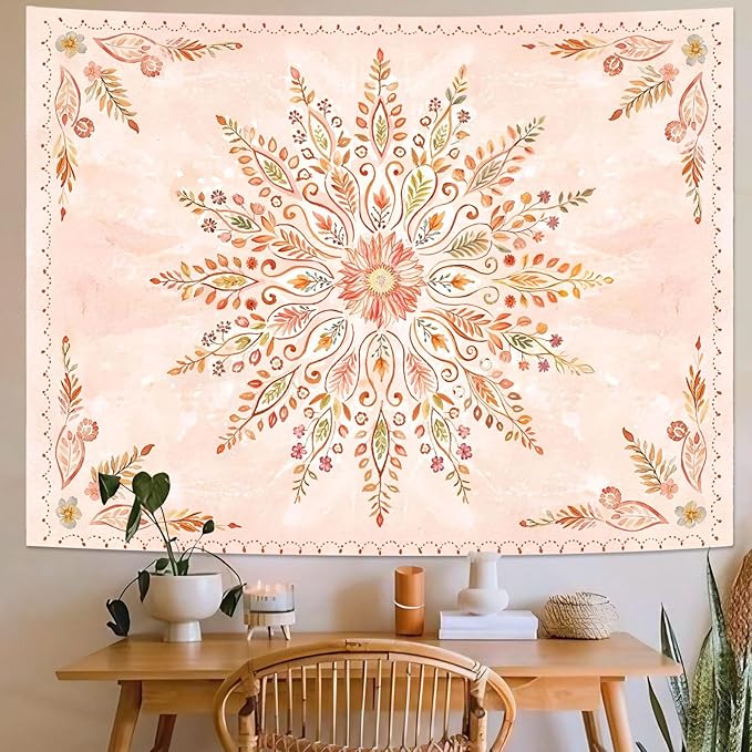 Lunerfex Floral Mandala Tapestry Boho Tapestry for Bedroom Orange Tapestries Wall Hanging Living Room Wall Art and Home Decor 70x90-Ruum Studio Home