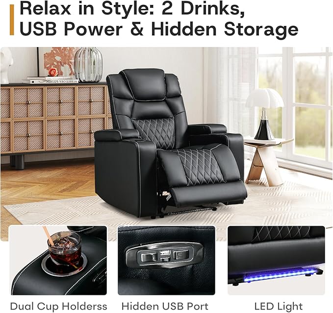 ANJ Power Recliner Chair with USB Port, Electric PU Leather Home Theater Seating for Living Room, Movie Reclining Chairs with Blue Ambient Lighting, Hidden Arm Storage, Cup Holders (Black)-Ruum Studio Home
