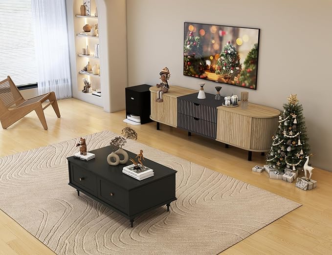 71" Tambour Door TV Stand,Wood Mid Century Modern TV Cabinet for Up to 85“ TV,Curved Edge Long TV Stand with Storage for Bedroom Living Room(Natural, 71inch)-Ruum Studio Home