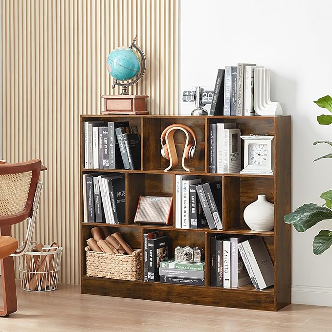 LEYAOYAO 10 Cube Bookshelf with Base,3 Tier Mid-Century Modern Grey Bookcase,Standing Wide Bookshelves Storage Organizer Shelf,Rustic Wood Display Cabinet Book Shelves for Bedroom,Living Room,Office-Ruum Studio Home