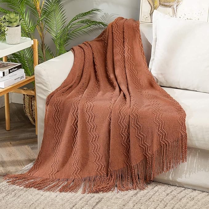 MIULEE Fall Orange Knitted Throw Blanket for Couch Boho Terracotta Rust Textured Cozy Woven Blanket with Tassels for Sofa Chair Bed Living Room Acrylic Wave Pattern 60"x80"-Ruum Studio Home
