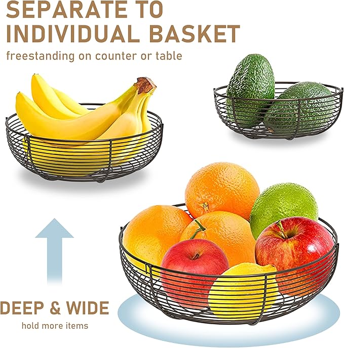 CAXXA 3-Tier Hanging Basket Fruit Organizer Kitchen Heavy Duty Wire Organizer with 2 Free Bonus Metal Ceiling Hooks(Bronze)-Ruum Studio Home