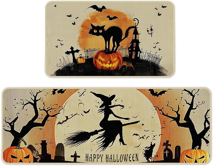 Halloween Kitchen Mat Set of 2, Spooky Witch Pumpkin Cat Halloween Kitchen Decor, Halloween Rug for Floor, Indoor Spooky Home Decor with Non-Slip Backing,17 x 29 Inch & 17 x 47 Inch-Ruum Studio Home