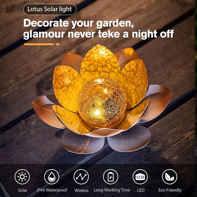 Garden Solar Lights Outdoor(2Pack) , Amber Crackle Globe Glass Lotus Decoration , Waterproof Orange Metal LED Flower Lights for Patio,Lawn,Walkway,Tabletop,Ground, Garden Gifts for Women-Ruum Studio Home