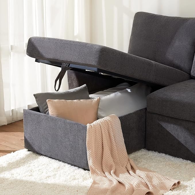 VanAcc Sleeper Sofa, Sofa Bed- 2 in 1 Pull Out Couch Bed with Storage Chaise, Sleeper Couch for Living Room, Grey Linen-Ruum Studio Home
