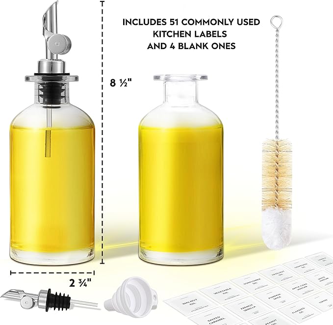 Olive Oil Dispenser Bottle - Includes 55 Kitchen Essential Labels - Cooking Oil Bottles for Kitchen, Coffee Syrup Dispenser - Pourer Spout with 11.8 fl oz Glass Container Cruet - 2pcs Silver-Ruum Studio Home