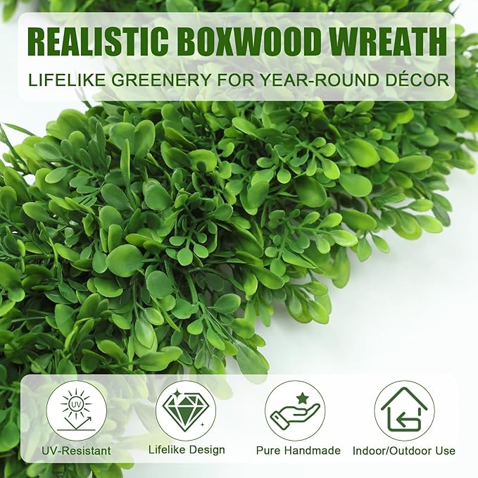 Artgar 20Inch Boxwood Wreath, Spring Wreaths for Front Door, Realistic Green Square Boxwood Wreath for Year-Round Decor, Artificial Summer Wreaths for Wedding Farmhouse Indoor/Outdoor Porch Decor-Ruum Studio Home