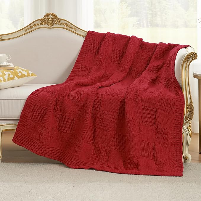 Amélie Home Chenille Knit Throw Blanket for Couch, Checkered Texture Decorative Soft Blanket for Sofa, Bed & Living Room, 50"x60", Red-Ruum Studio Home