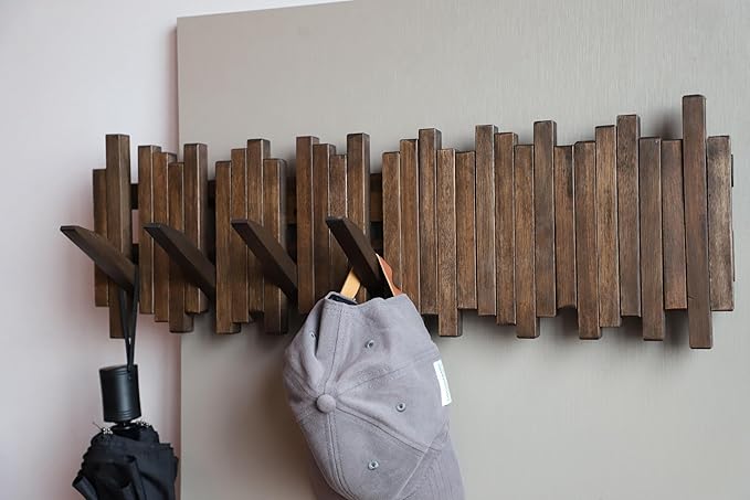 Natural Wood Wall Mounted Piano Coat Rack| Coat Rack Wall Mount| Flip Down Wall Hook Rack 7 Hooks| Entryway Wall Art Hook,Made of Acacia Wood (Wood Wax Oil Dyed Walnut Color).Wall Art-Ruum Studio Home