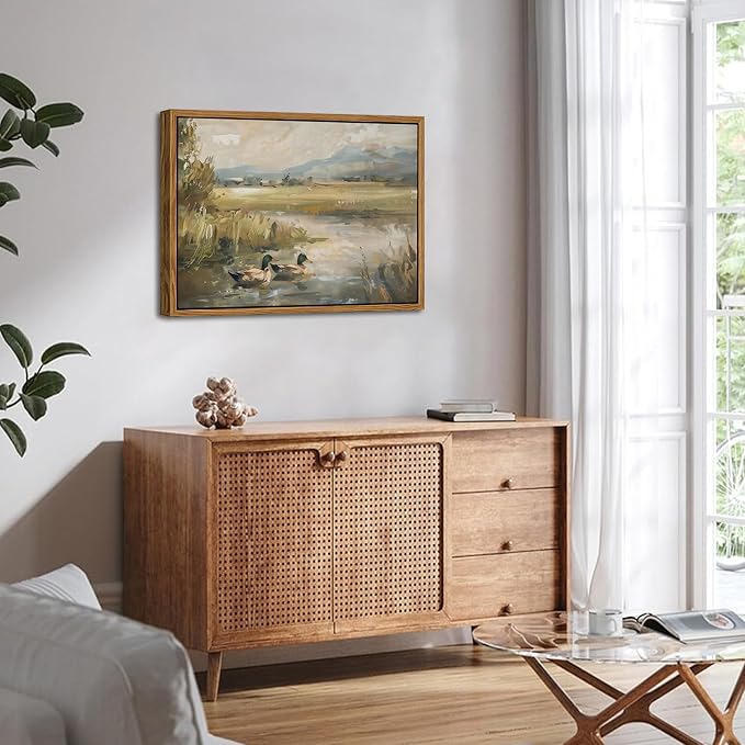 Floating Framed Canvas Wall Art, Vintage Mallard Duck Oil Paintings Print, Countryside Art Wildlife Nature Pond Wall Decor for Living Room, Bedroom, Office, Rustic Decor 16x24 inch-Ruum Studio Home