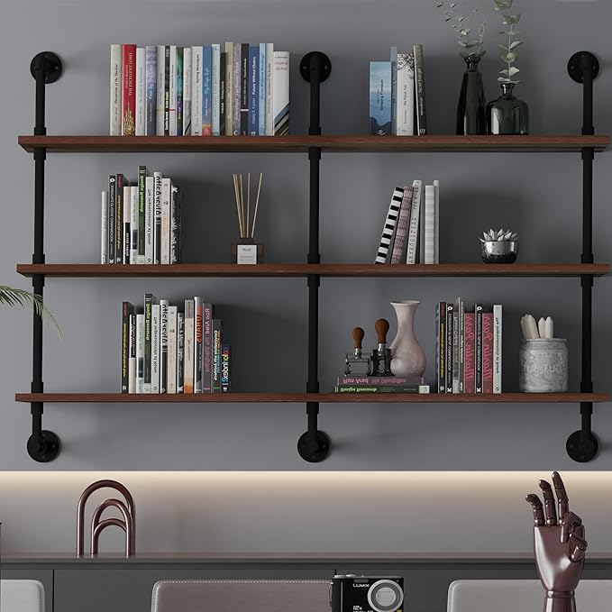 ROGMARS Industrial Pipe Wall Shelves Pipe Shelving,Natural Wood 60 Inches Long Walnut Floating Shelves for Wall Farmhouse Pipe Book Shelves for Kitchen,Living Room, Bar Shelving-Ruum Studio Home