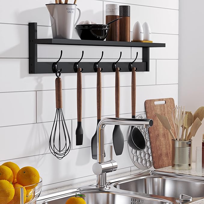 BAMEOS Wall-Mounted Shelf with Hooks - 28.9 Inch Entryway Hanging Shelf with 5 Dual Hooks for Bathroom, Living Room, Bedroom (Black)-Ruum Studio Home