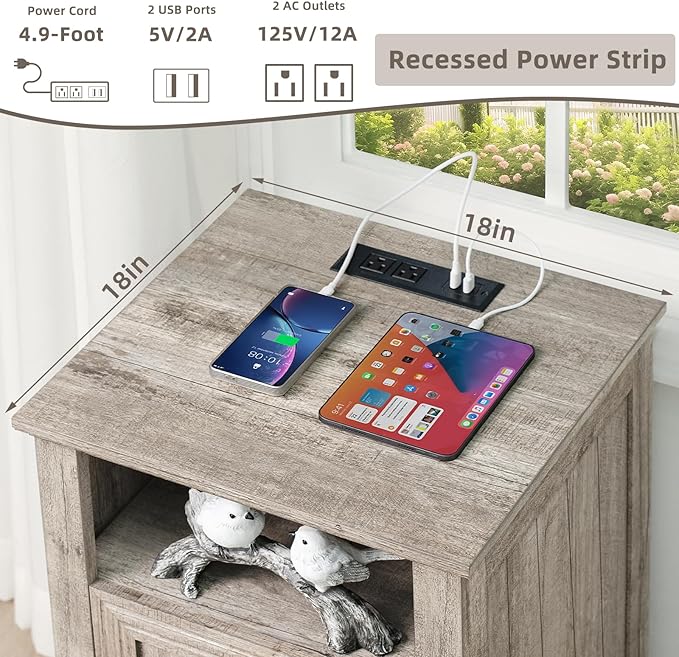 18" Farmhouse Night Stand with Charging Station, 2 Drawers End Table Dresser for Bedroom, Oak Wooden Nightstand, Bed Side Table with Open Shelf, Bedside Cabinet for Living Room, Closet-Ruum Studio Home