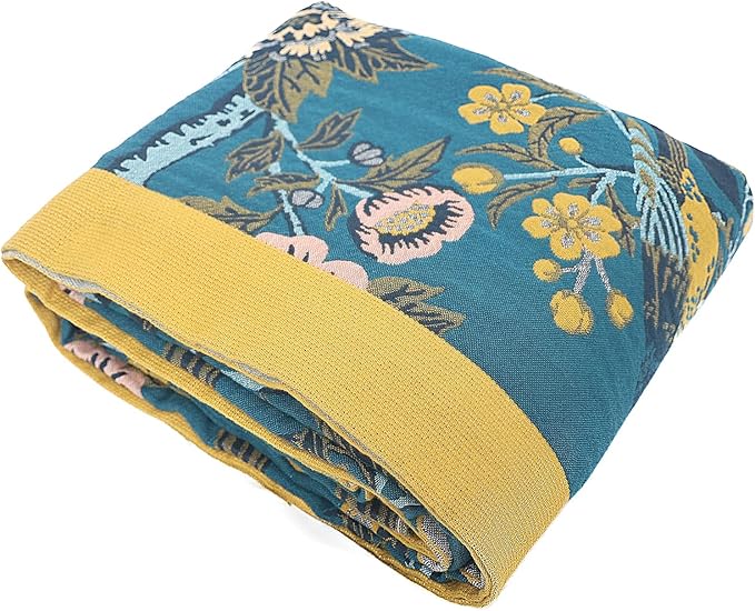 Snycler Boho Throw Blanket for Bed - 100% Cotton Ultra Soft Rustic Quilt Blanket Green Bird Floral Printed Farmhouse Decor Bed Blankets, 80"×90" All Season Rustic Throw for Sofa Couch Chair-Ruum Studio Home