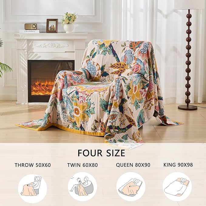 Ultra Soft Lightweight Cotton Quilts,Cozy Summer Boho Throw Blankets,Lightweight Reversible Muslin Blanket Decor Blankets for Armchair Travel, 80"x90" Large Muslin Mexican Throw Blanket-Ruum Studio Home