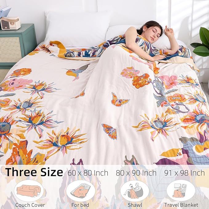 Boho Throw Blanket for Bed - 100% Pure Cotton Ultra Soft Rustic Quilt - Farmhouse Decor Bed Blankets, All Season Rustic Throw for Sofa Couch Chair(80''x 90'', Floral)-Ruum Studio Home