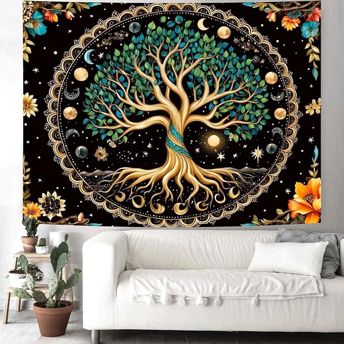 Delur Tree of Life Tapestry Moon Phase Nature Flower Plant Tapestry Wall Hanging Boho Mandala Spiritual Sun Aesthetic Psychedelic Headboard for Bedroom Living Room Home Decor (51.2" x 59.1")-Ruum Studio Home