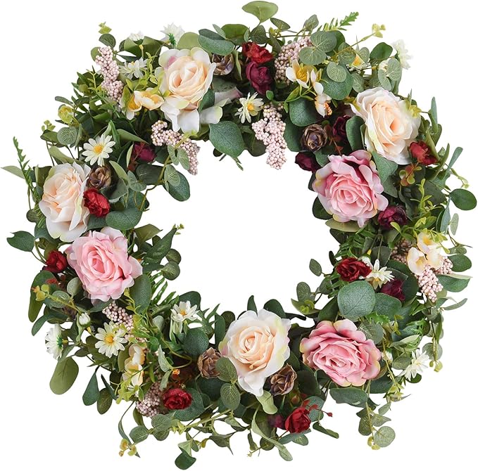 WANNA-CUL 24 Inch Large Spring Rose Wreaths for Front Door,Spring Front Door Wreath with Pink and Wine Red Floral Door Wreath with Eucalyptus Leaves for Wedding or Indoor&Outdoor Decorations-Ruum Studio Home