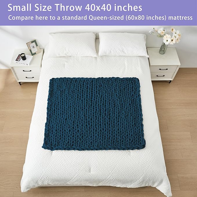 Bigacogo Chunky Knit Throw Blanket for Couch, 40x40 inches, 100% Hand Knitted with Thick Jumbo Chenille Yarn, Cozy Soft Large Rope Knot Cable Crochet Blankets for Sofa Bed Living Room, Deep Sea Blue-Ruum Studio Home