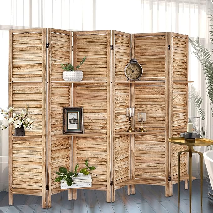 Room Divider with Shelves, Privacy Screen, Room Dividers and Folding Privacy Screens, 6 Panel Wood Temporary Wall Partition Separation Separator, Natural-Ruum Studio Home