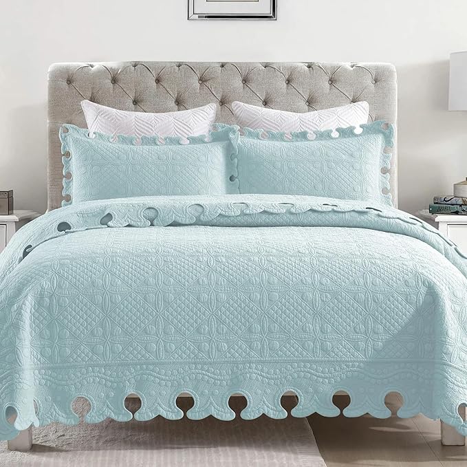 MarCielo 3-Piece 100% Cotton Oversized Bedspread Lightweight Quilt Coverlet Embroidery Farmhouse Bedding Set (TW Mint Green Blue, Oversized Queen (100"x106"))-Ruum Studio Home