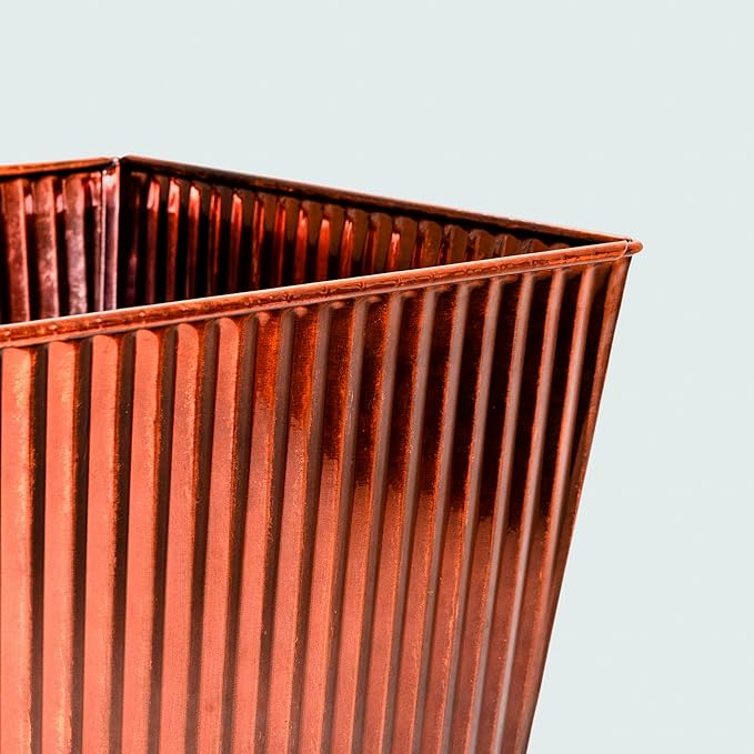22in Vintage Handmade Metal Vertical Lines Copper Tapered Planters,Planter Box with Drainage Holes and Saucer -Set of 2, Galvanized Steel Planter for Indoor/Outdoor/Porch/Garden-Ruum Studio Home